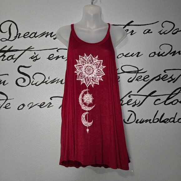 top girl la Tops - Mandala & Moon Boho Festival Maroon and White Tank Top Tunic, Top Girl LA